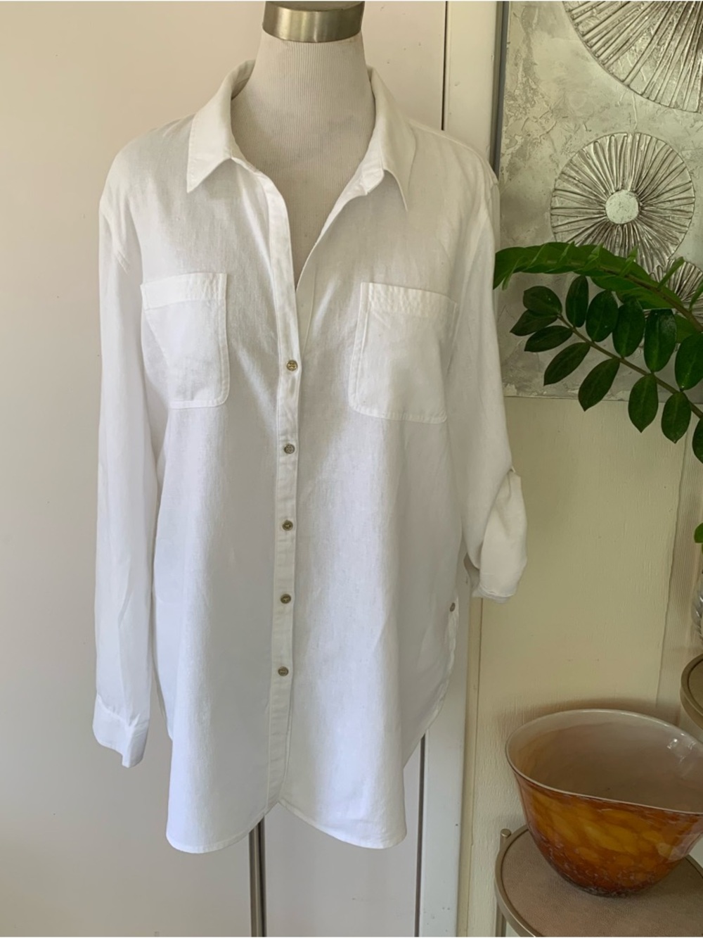 Calvin Klein  White Linen Button Down Tunic Blouse Shirt Roll Tab Sleeve size XL